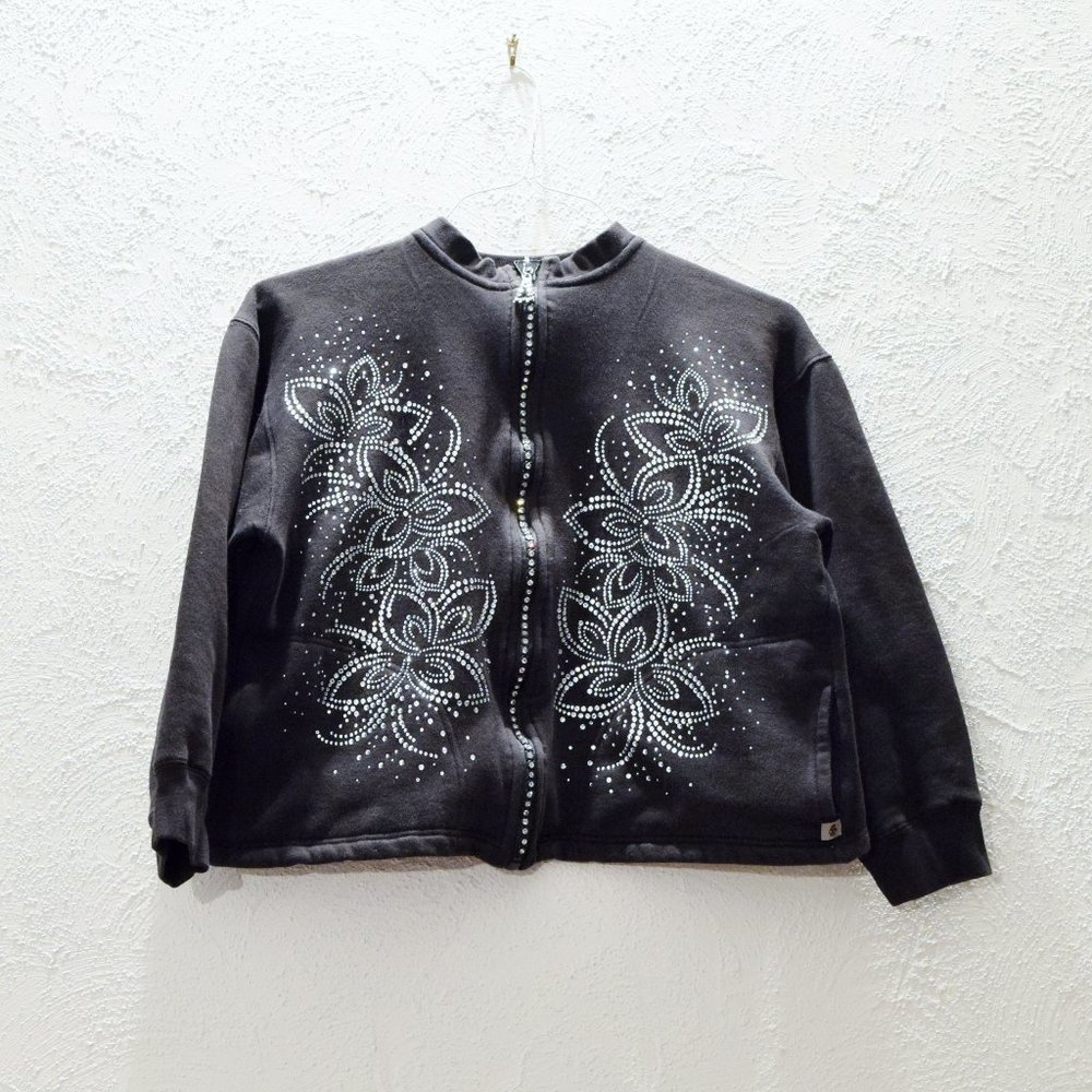 Black Diamond Embellished Sparkly Floral Cropped Jacket | Size M